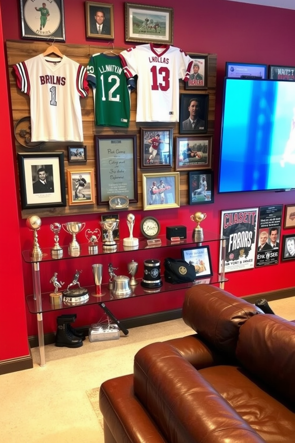 A vintage sports memorabilia display features a collection of framed jerseys and signed photographs arranged on a rustic wooden wall. Below the display, a sleek glass shelf holds a variety of collectible trophies and vintage sports equipment. The Red Man Cave design incorporates deep red walls adorned with vintage sports posters. A plush leather sectional sofa is positioned in front of a large flat-screen TV, creating an inviting atmosphere for sports enthusiasts.