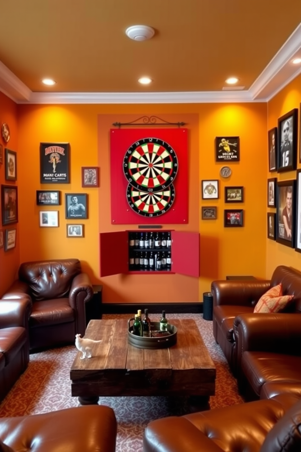 A vibrant game wall features a classic red dartboard as the focal point. Surrounding the dartboard, the walls are adorned with sports memorabilia and framed photographs, creating an inviting atmosphere for entertainment. The man cave is designed with comfortable leather seating in rich tones, complemented by a rustic wooden coffee table. Ambient lighting enhances the cozy feel, while a mini bar stocked with drinks adds a touch of luxury to the space.