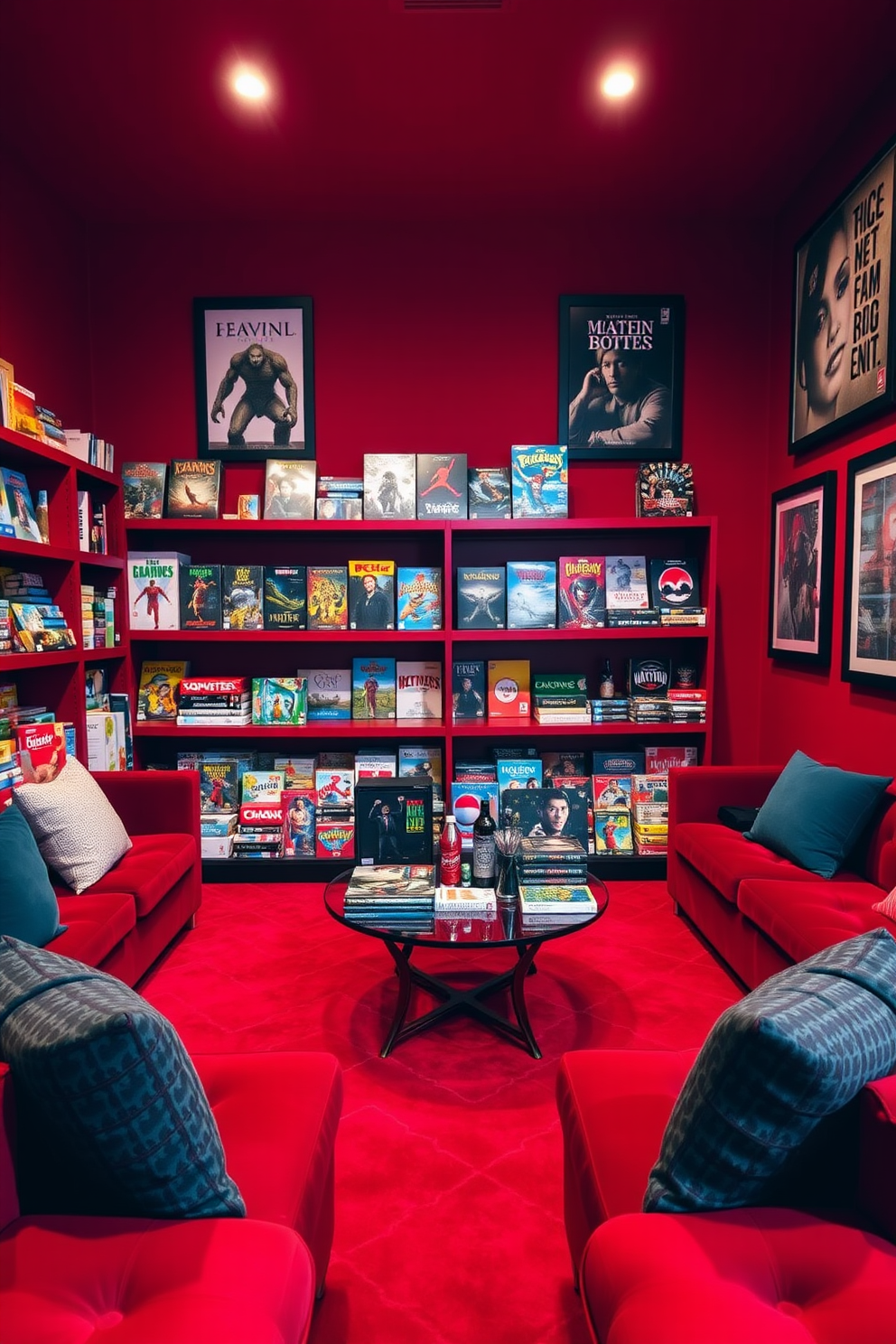 A stylish man cave featuring red bar stools with chrome accents positioned around a sleek black bar. The walls are adorned with sports memorabilia, and ambient lighting creates a cozy atmosphere for relaxation and entertainment.