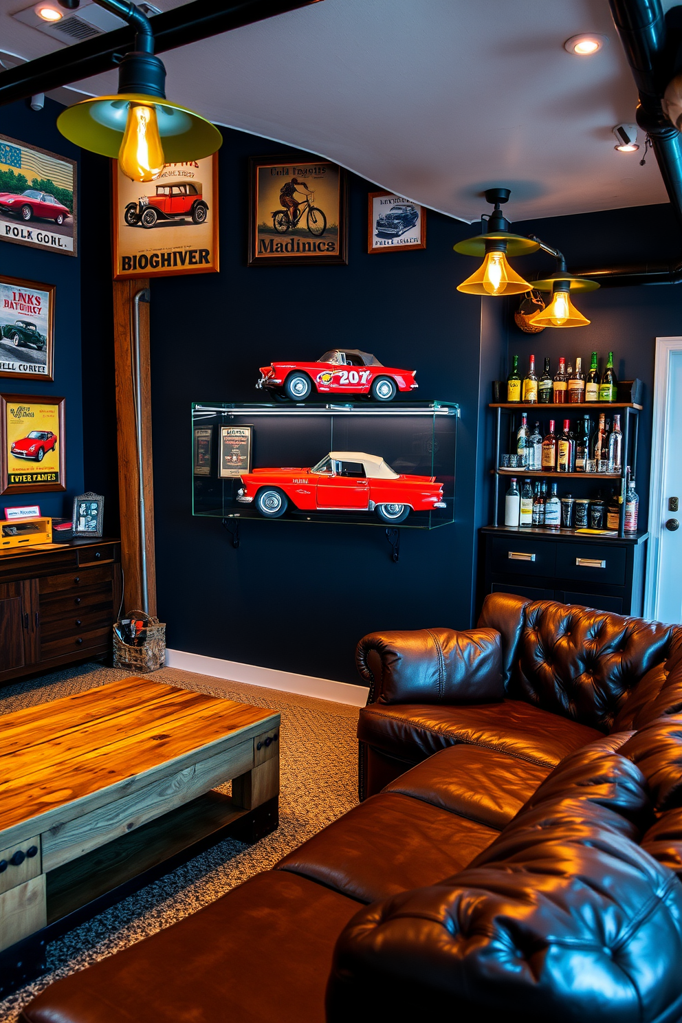 A vintage red car model is displayed prominently on a sleek glass shelf, surrounded by rustic wooden accents and automotive memorabilia. The walls are adorned with framed vintage car posters, and warm lighting creates an inviting atmosphere. The man cave features a deep leather sectional sofa in a rich brown hue, complemented by a reclaimed wood coffee table. Dark blue walls and industrial-style lighting fixtures enhance the masculine vibe, while a small bar area showcases an array of spirits and glassware.