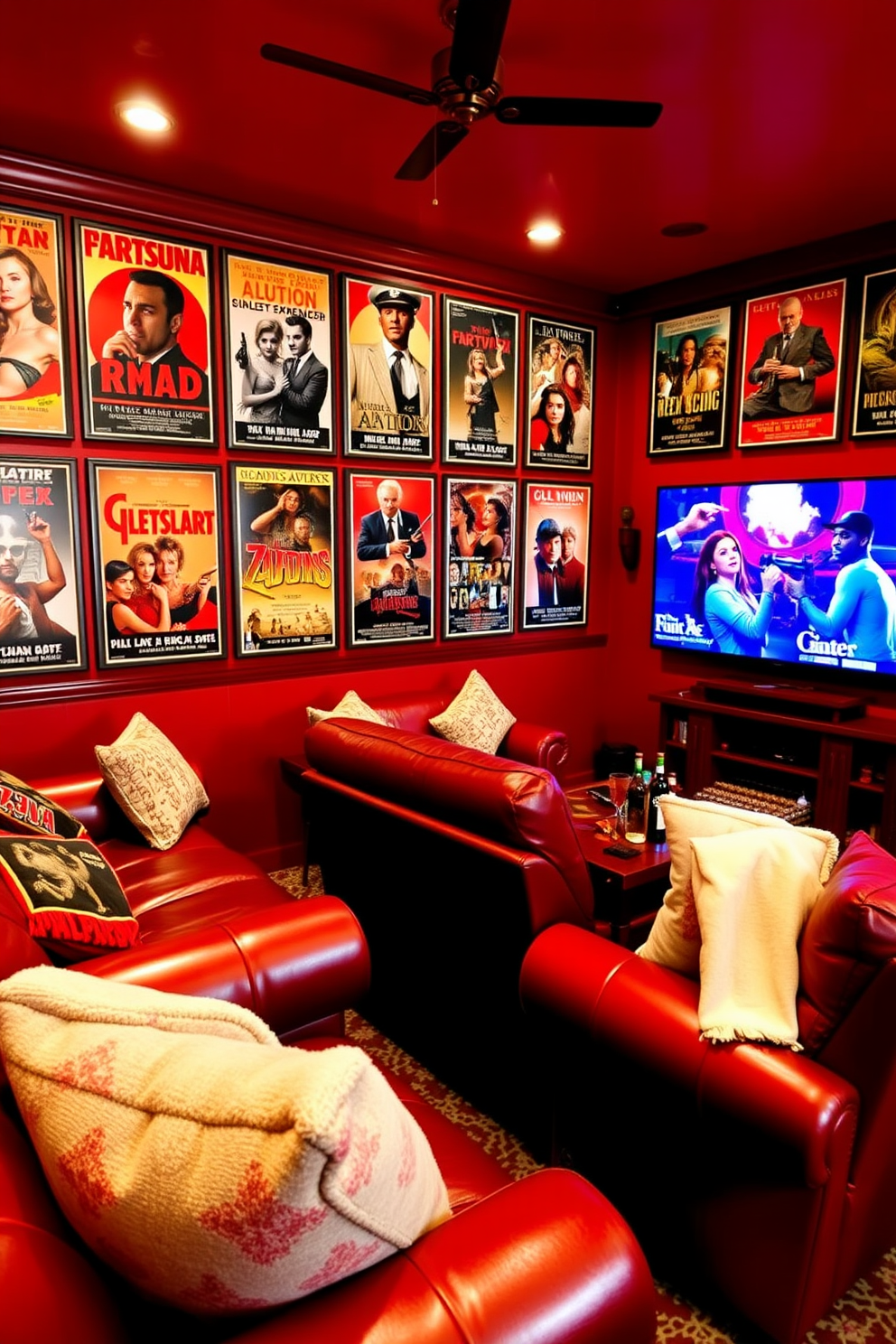 A collection of vibrant red themed vintage movie posters adorns the walls of the room. The posters feature classic films with bold typography and striking imagery, creating a nostalgic atmosphere. The man cave is designed with deep red leather furniture and rustic wooden accents. A large flat-screen TV is mounted on the wall, surrounded by cozy seating and a bar area stocked with drinks.