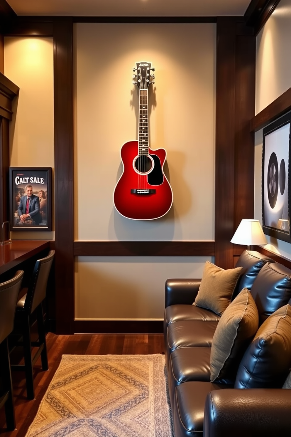 A striking red acoustic guitar is prominently displayed on the wall, serving as a focal point in the room. The surrounding decor features a blend of dark wood and leather furnishings, creating a warm and inviting atmosphere. The man cave is designed with comfort in mind, featuring a plush sectional sofa and a custom-built bar area. Soft ambient lighting enhances the cozy vibe, making it the perfect space for relaxation and entertainment.