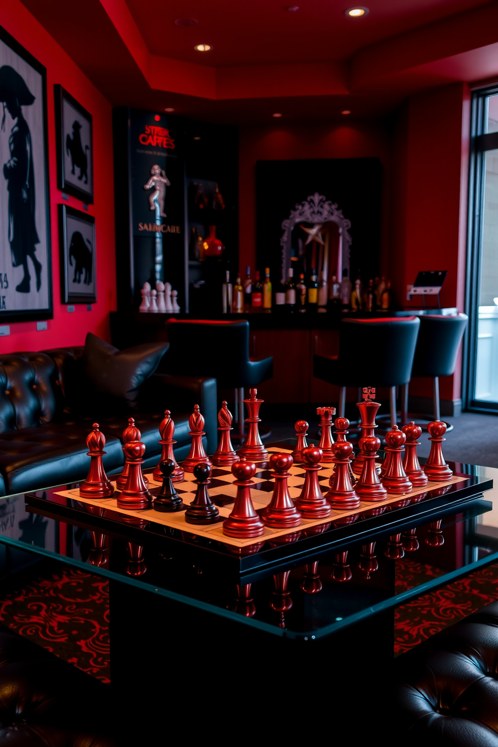 A striking display of a red and black chess set is elegantly arranged on a sleek glass table. The chess pieces are polished and glimmer under soft ambient lighting, creating a focal point in the room. The man cave features deep red walls adorned with black artwork, exuding a bold and masculine atmosphere. Plush black leather seating invites relaxation, while a custom-built bar area showcases fine spirits and glassware.