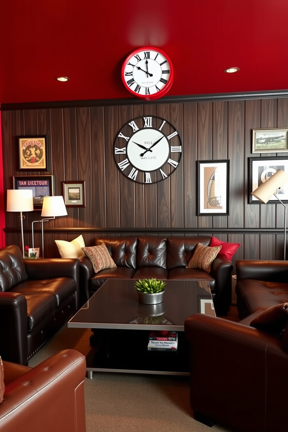 A striking red wall clock serves as the focal point of the man cave, contrasting beautifully with the dark wood paneling. The room features plush leather seating arranged around a sleek coffee table, creating an inviting atmosphere for relaxation and entertainment. Incorporate a bold red accent wall that enhances the overall theme, complemented by vintage sports memorabilia and framed artwork. Soft lighting from stylish floor lamps adds warmth, making the space perfect for gatherings or game nights.