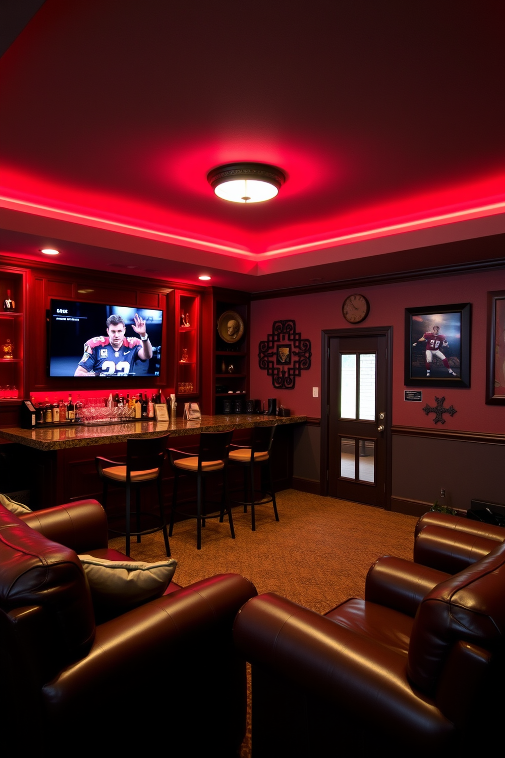 A cozy man cave with rich leather furniture and a large flat-screen TV mounted on the wall. The atmosphere is enhanced by red accent lighting that creates a warm and inviting mood throughout the space. A custom-built bar with high stools is positioned in one corner, showcasing a variety of spirits and glassware. The walls are adorned with sports memorabilia and artwork, making it a perfect retreat for relaxation and entertainment.