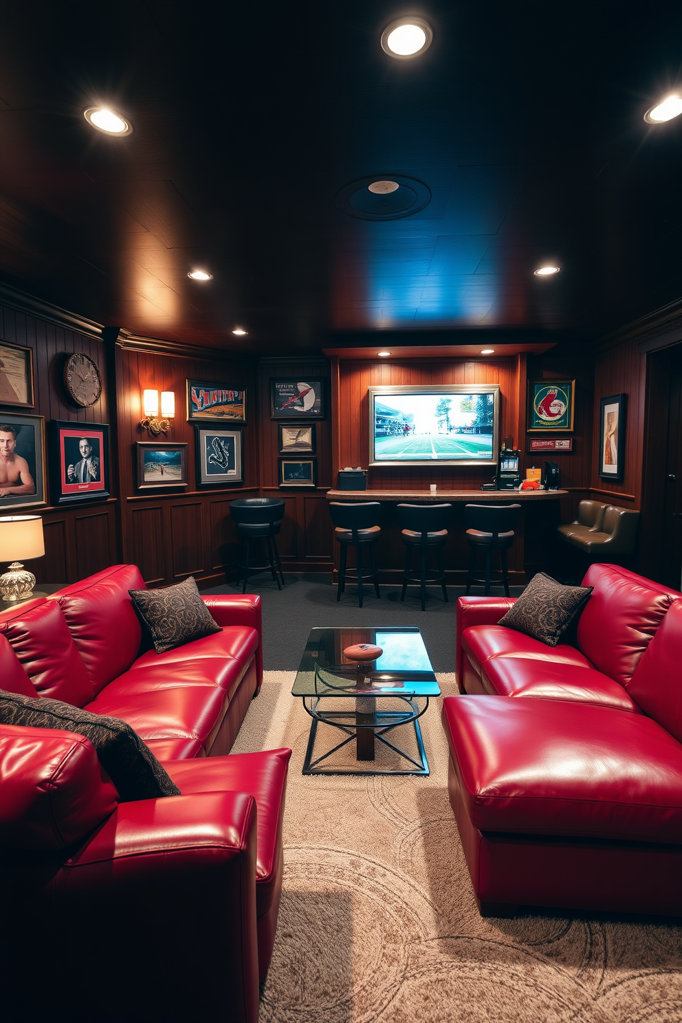 A striking red leather sectional sofa is arranged in an inviting L-shape, complemented by a sleek glass coffee table at the center. The walls are adorned with dark wood paneling, and ambient lighting creates a warm and cozy atmosphere. The man cave features a stylish bar area with high stools and a mounted flat-screen TV for entertainment. Vintage sports memorabilia and framed artwork enhance the masculine aesthetic, while a plush area rug adds comfort to the space.