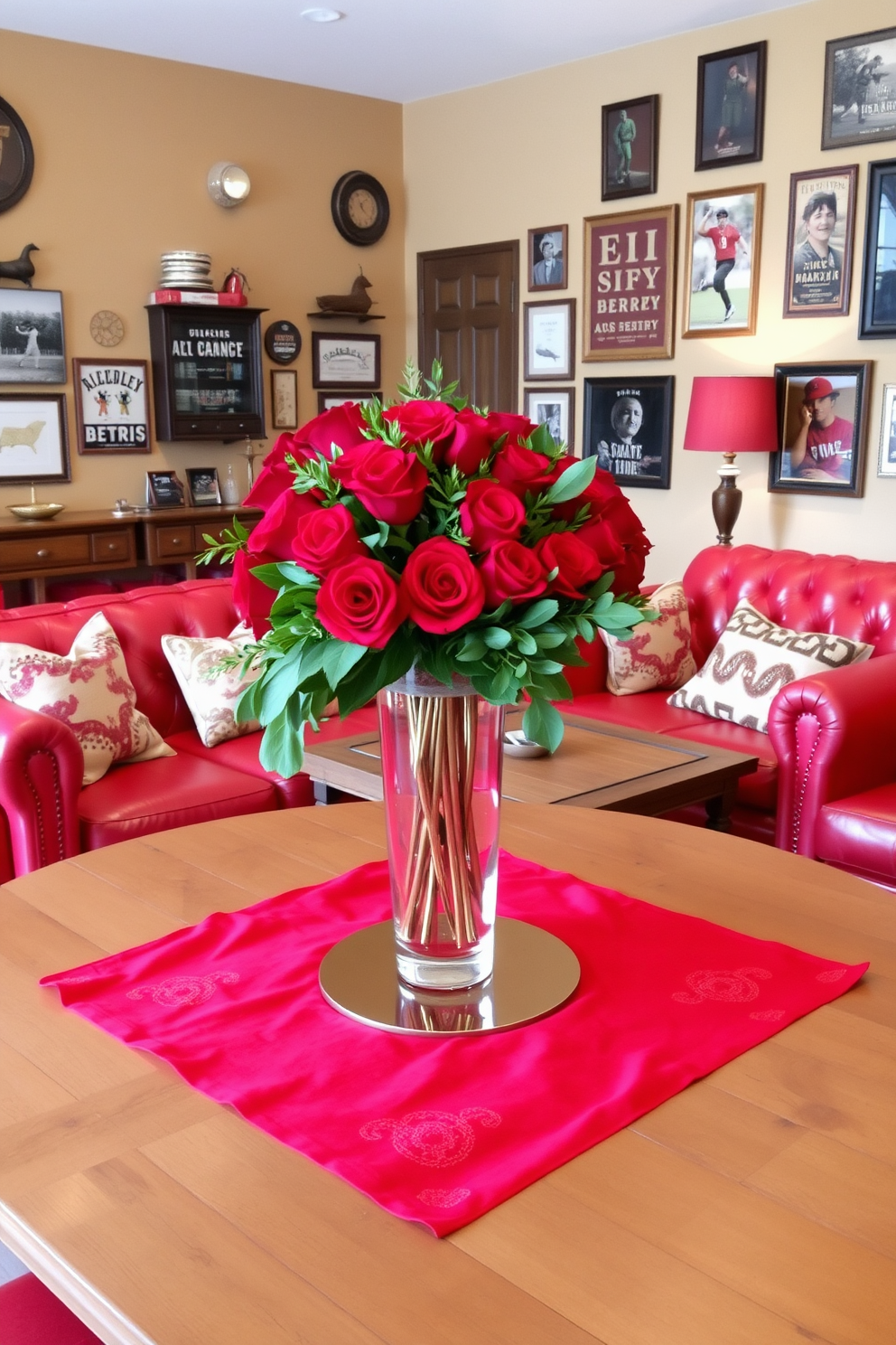 A striking red themed cocktail table centerpiece featuring a bold red tablecloth adorned with elegant gold accents. The centerpiece includes a stunning arrangement of deep red roses and lush greenery in a sleek glass vase. A cozy red man cave design featuring plush red leather sofas and a rustic wooden coffee table. The walls are decorated with vintage sports memorabilia and framed photographs, creating a warm and inviting atmosphere.