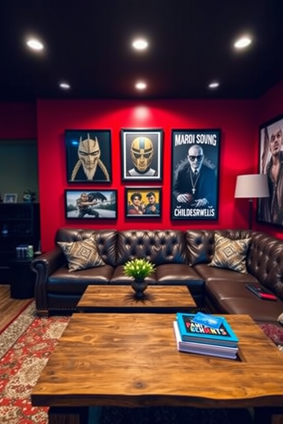 A bold red accent wall serves as the focal point of the man cave, adorned with striking artwork that reflects personal interests. The space is furnished with a plush leather sectional sofa, a rustic wooden coffee table, and ambient lighting that creates a cozy atmosphere.