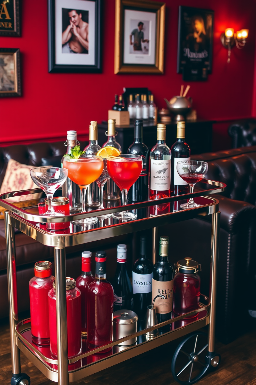 A stylish bar cart showcases an array of red themed drinks including vibrant cocktails and elegant wine bottles. The cart features sleek metallic accents and is adorned with decorative glassware and fresh garnishes. The man cave exudes a cozy yet sophisticated atmosphere with deep red walls and plush leather seating. Vintage decor elements and ambient lighting create a warm and inviting space for relaxation and entertainment.