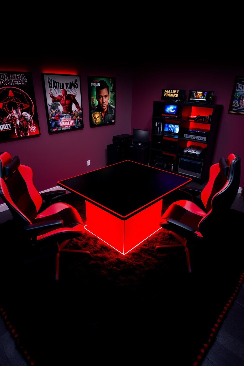 A striking red and black gaming table setup. The table features a sleek black surface with red LED lighting underneath, surrounded by comfortable ergonomic chairs in matching colors. The walls are adorned with bold red accents and framed posters of classic video games. A plush black carpet covers the floor, providing a cozy atmosphere for gaming sessions. In one corner, there is a dedicated gaming console shelf with an array of devices and accessories neatly organized. Soft ambient lighting creates a relaxed vibe, perfect for long nights of gaming.