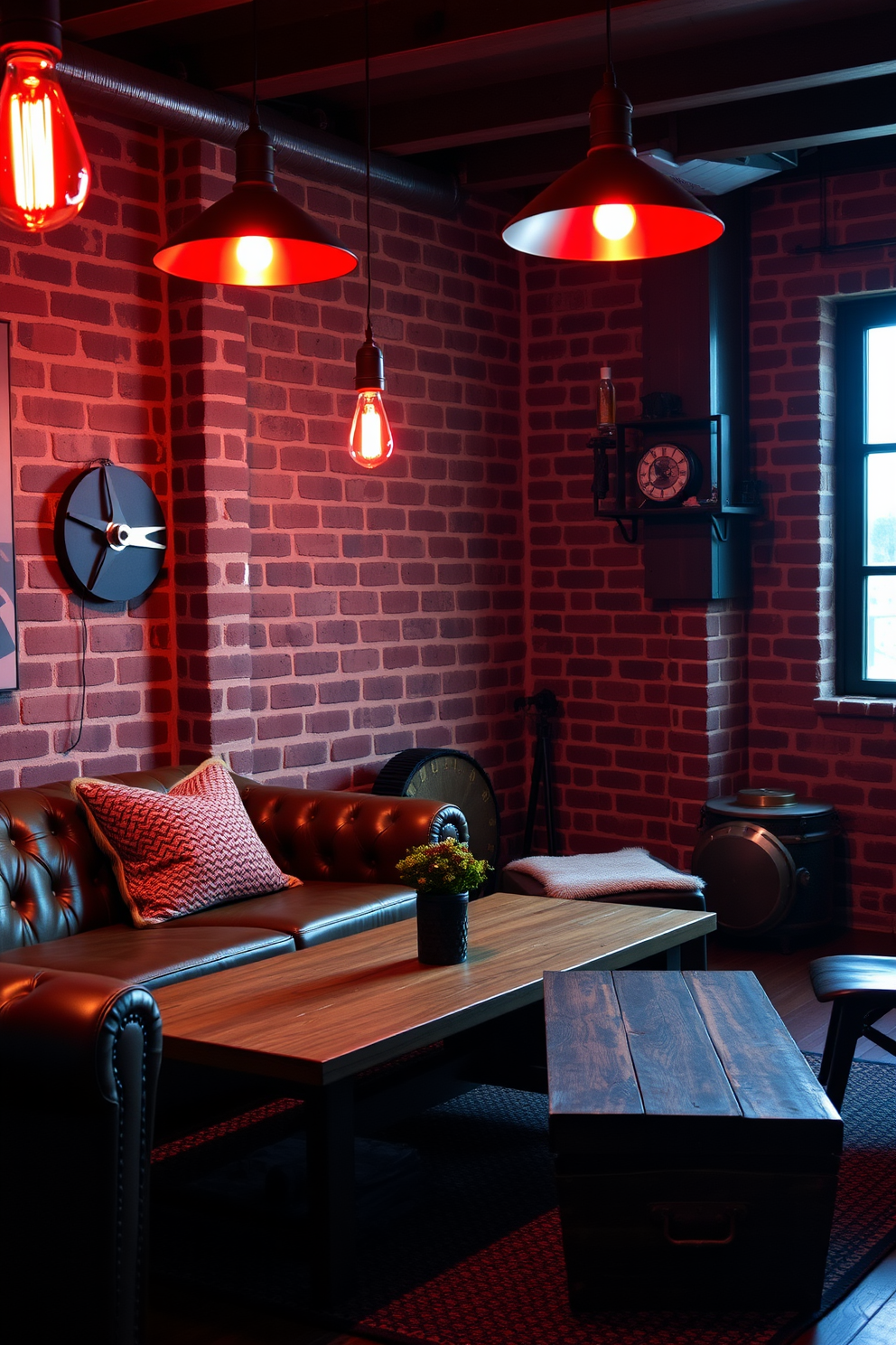 Create a cozy man cave featuring industrial lighting fixtures that emit warm red tones. The space should include a comfortable leather sofa, a rustic wooden coffee table, and exposed brick walls for an authentic industrial feel.