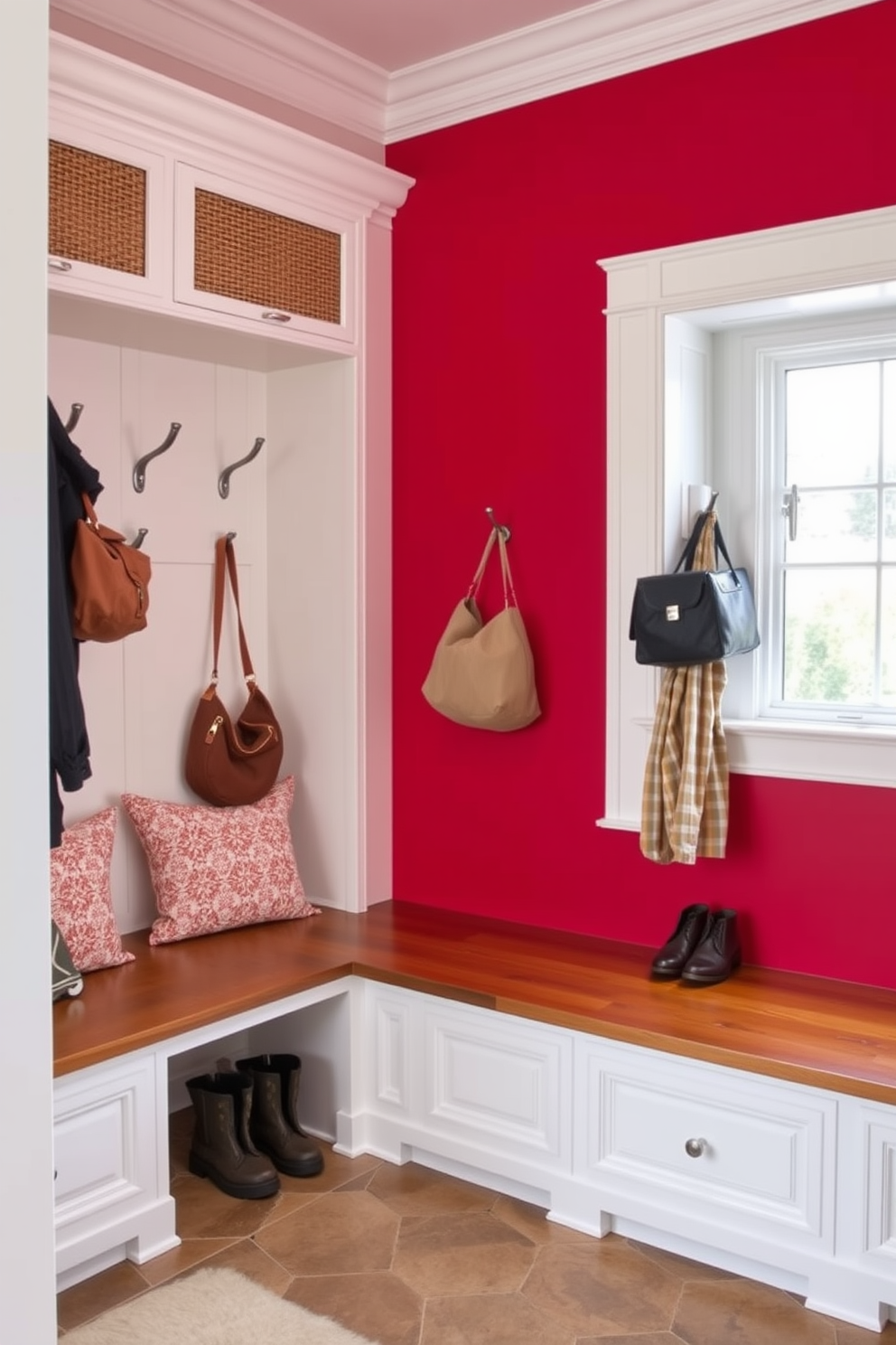 A vibrant red accent wall serves as the focal point of the mudroom, contrasting beautifully with the crisp white trim that frames the space. The room features built-in wooden benches with plush cushions, providing a cozy spot for putting on shoes and storing outdoor gear. Functional storage solutions are incorporated, including wall-mounted hooks for coats and bags, as well as cubbies for shoes and accessories. The flooring is a durable tile that complements the red and white color scheme, ensuring easy maintenance and style.