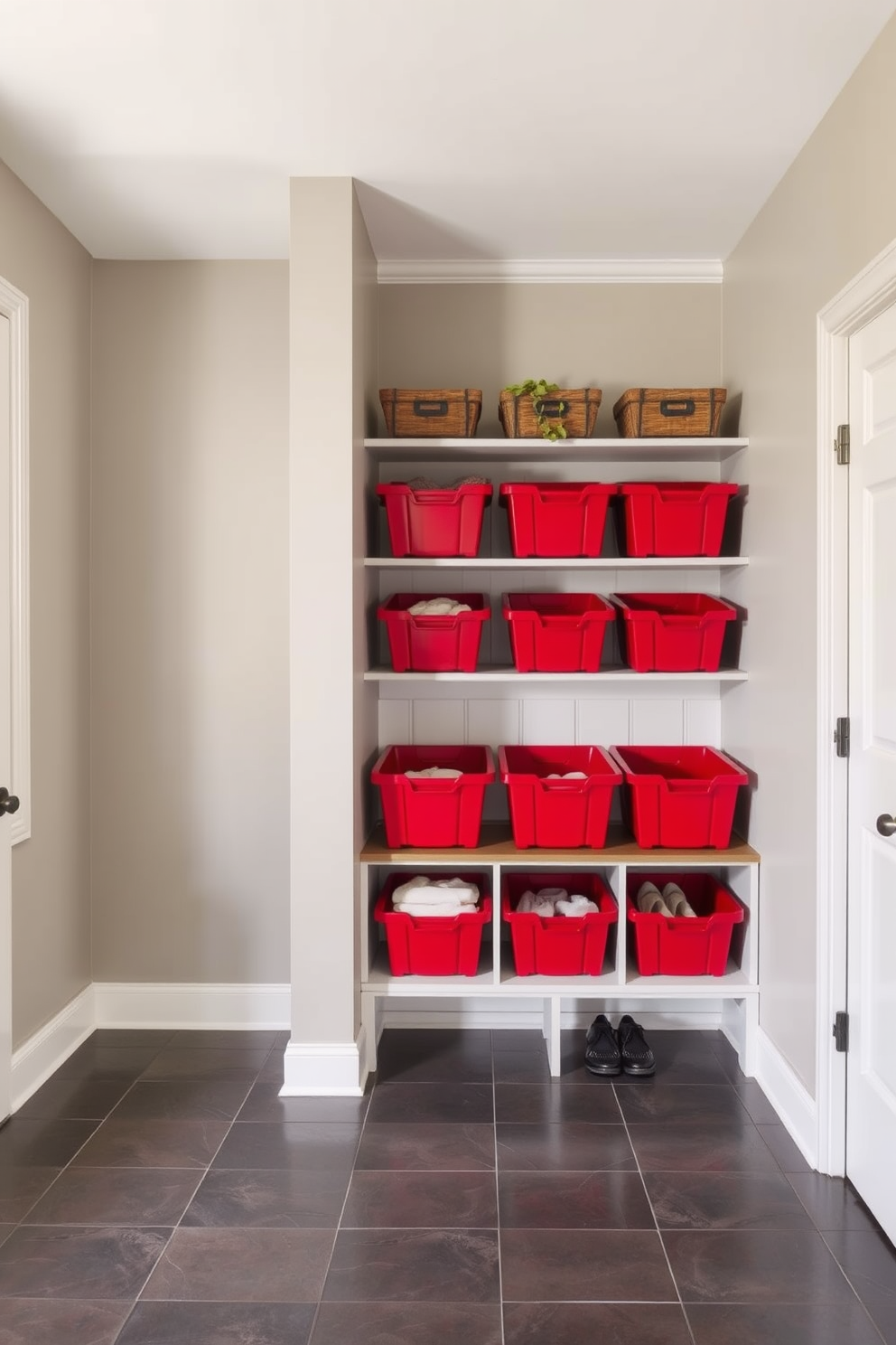 A functional mudroom featuring red storage bins for organizing various items. The walls are painted in a soft gray, creating a warm contrast with the vibrant red bins that are neatly arranged on sturdy shelves. The floor is covered with durable, waterproof tiles in a dark shade to withstand heavy foot traffic. A bench with a cushioned seat is placed against the wall, providing a comfortable spot to put on or take off shoes.