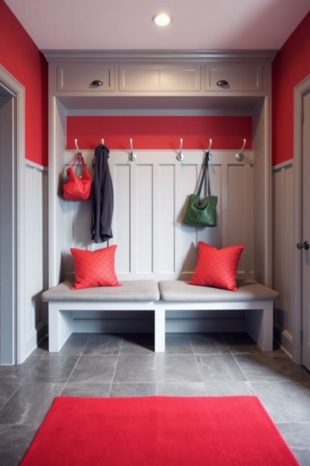 A stylish mudroom featuring a red and gray color scheme that creates a harmonious balance. The walls are painted in a warm red tone, while the flooring showcases a sleek gray tile that complements the overall design. A built-in bench with gray cushions provides a comfortable seating area, adorned with vibrant red throw pillows for added color. Hooks for coats and bags are mounted on the wall above the bench, creating an organized and inviting space.