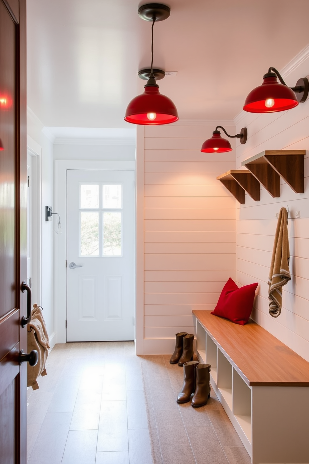 Layered red and neutral textiles create a warm and inviting atmosphere in the living space. Plush red throw pillows are arranged on a neutral sofa, complemented by a textured beige blanket draped over the armrest. The mudroom features a combination of red and neutral elements that enhance functionality and style. A wooden bench with red cushions sits against the wall, while hooks above provide storage for coats and bags, all set against a backdrop of soft gray walls.