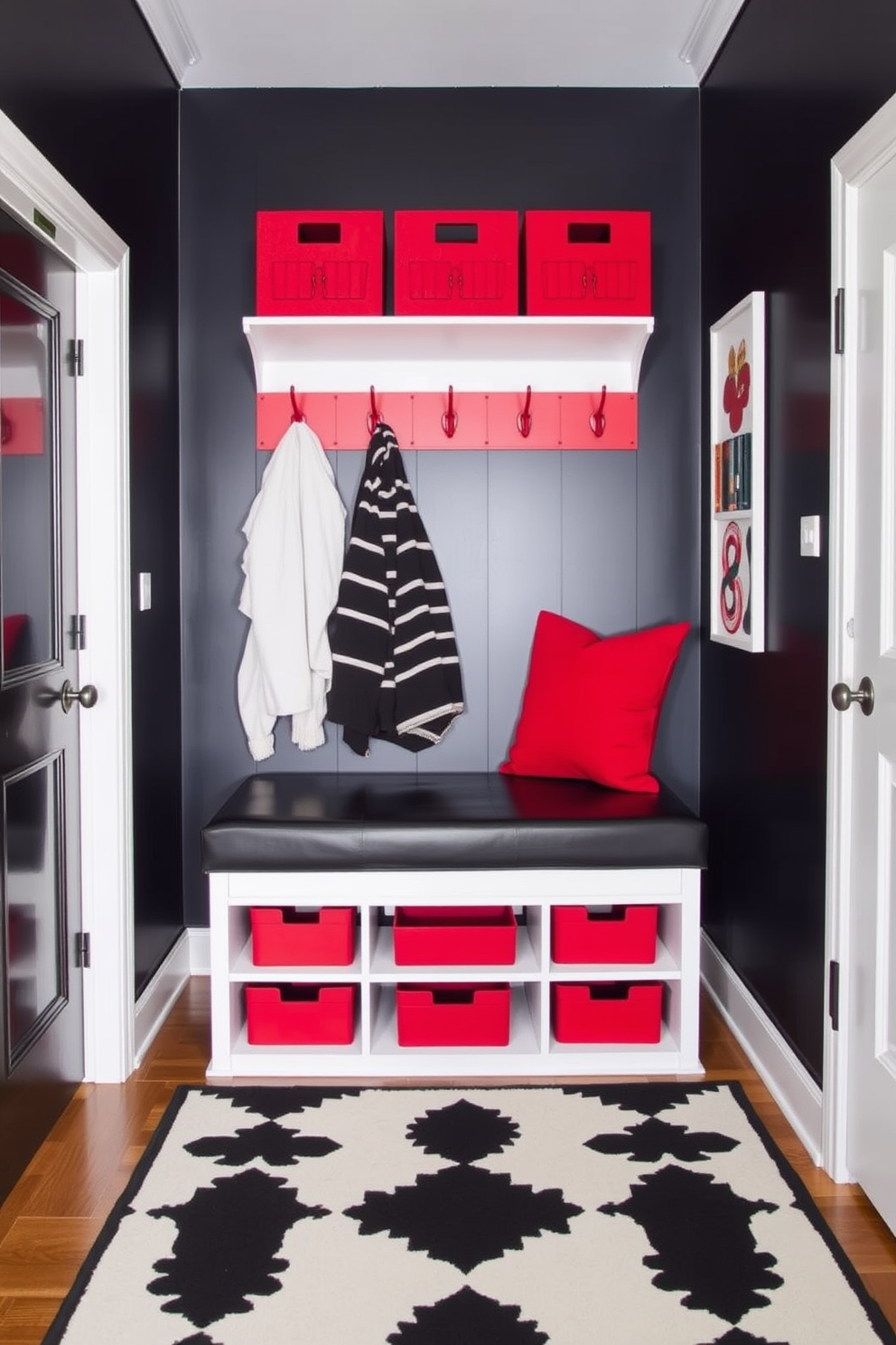 Vintage red lockers for unique storage. The lockers are arranged in a grid pattern against a backdrop of exposed brick walls. Each locker features a combination of open and closed compartments, showcasing colorful accessories and personal items. The floor is finished with rustic wooden planks, adding warmth to the space. Red mudroom design ideas. The mudroom is adorned with a built-in bench, cushioned in a soft gray fabric, providing a cozy spot to put on shoes. Above the bench, there are hooks for hanging coats and bags, complemented by a vibrant red accent wall that ties the room together.