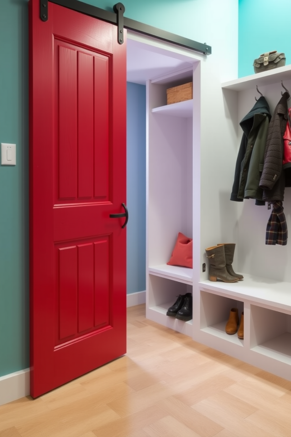 A red framed mirror is mounted on the wall, reflecting natural light and enhancing the spacious feel of the mudroom. The mudroom features built-in benches with storage underneath, complemented by vibrant red accents throughout the design.