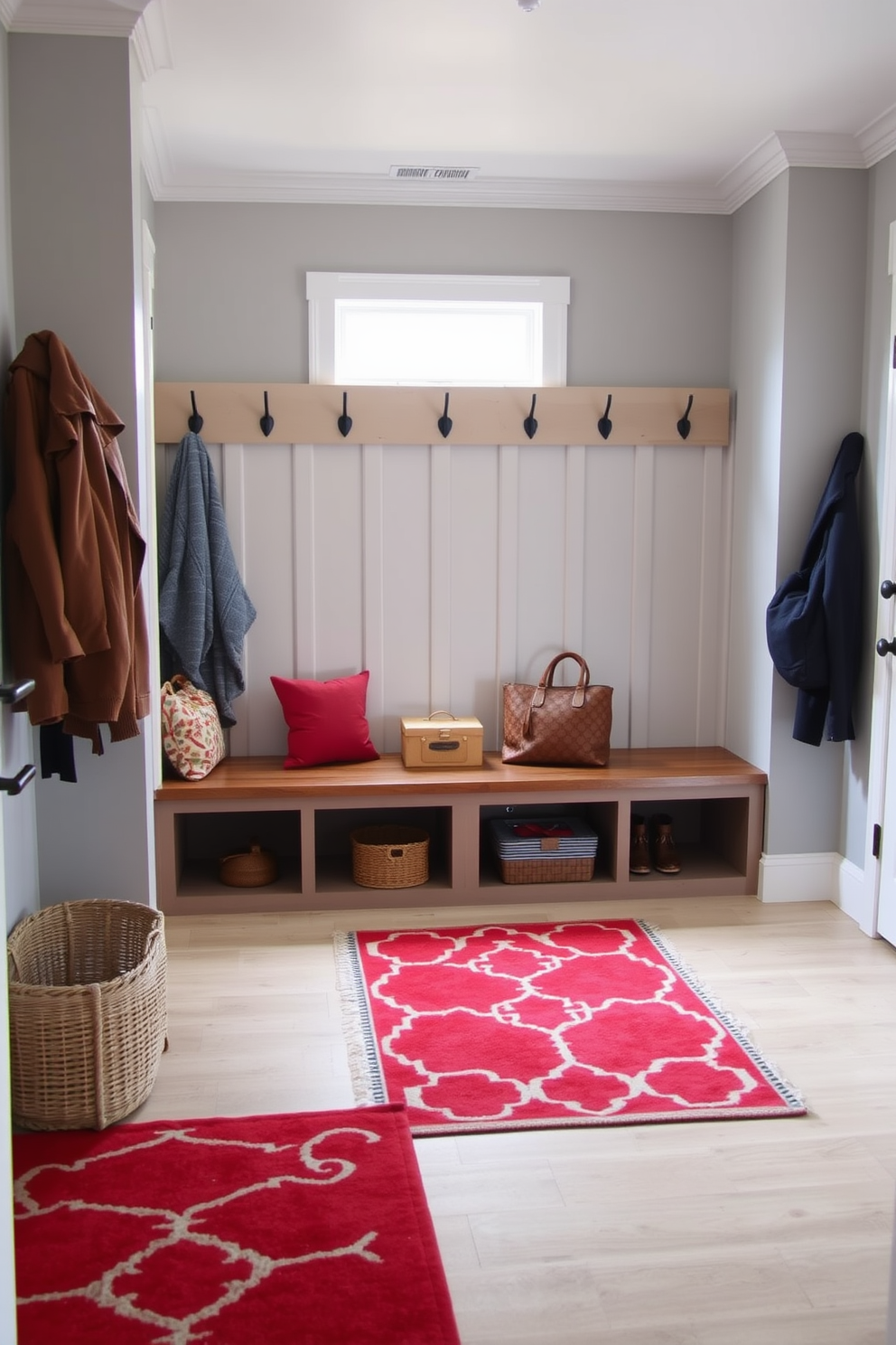 A cozy mudroom with a red accent rug that adds warmth to the space. The walls are painted in a soft gray, and there are built-in wooden benches with hooks above for coats and bags.