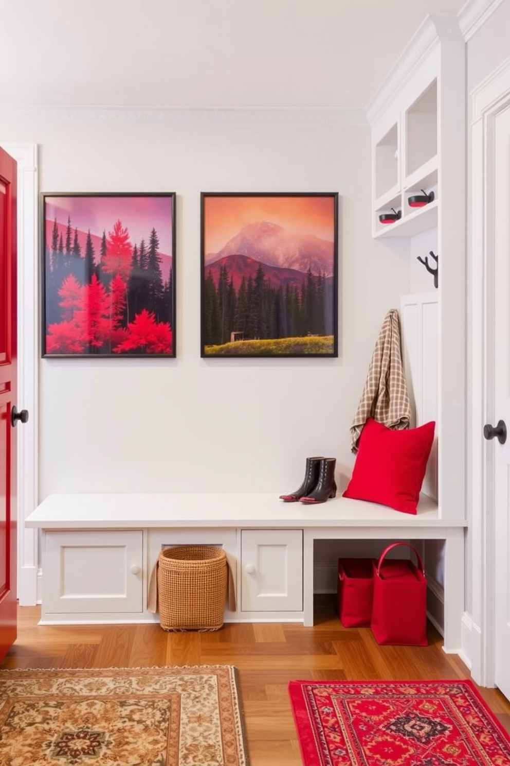 Red wall art featuring nature themes. The artwork showcases vibrant depictions of forests and mountains, framed in sleek black borders. Red mudroom design ideas. The space features built-in storage benches with bright red cushions and hooks for hanging coats, complemented by patterned rugs that add warmth and texture.