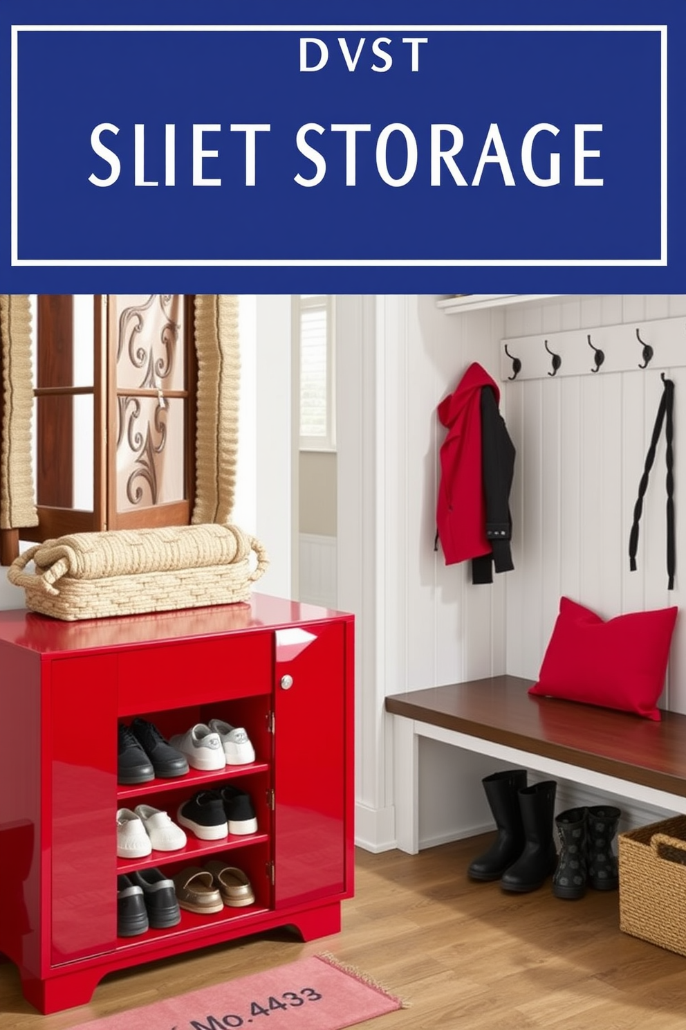 A stylish red shoe cabinet designed for tidy storage. The cabinet features sleek lines and ample space for organizing shoes, with a glossy finish that adds a pop of color to the entryway. A functional mudroom designed with red accents and practical storage solutions. The space includes built-in benches, hooks for coats, and durable flooring to handle muddy shoes and outdoor gear.