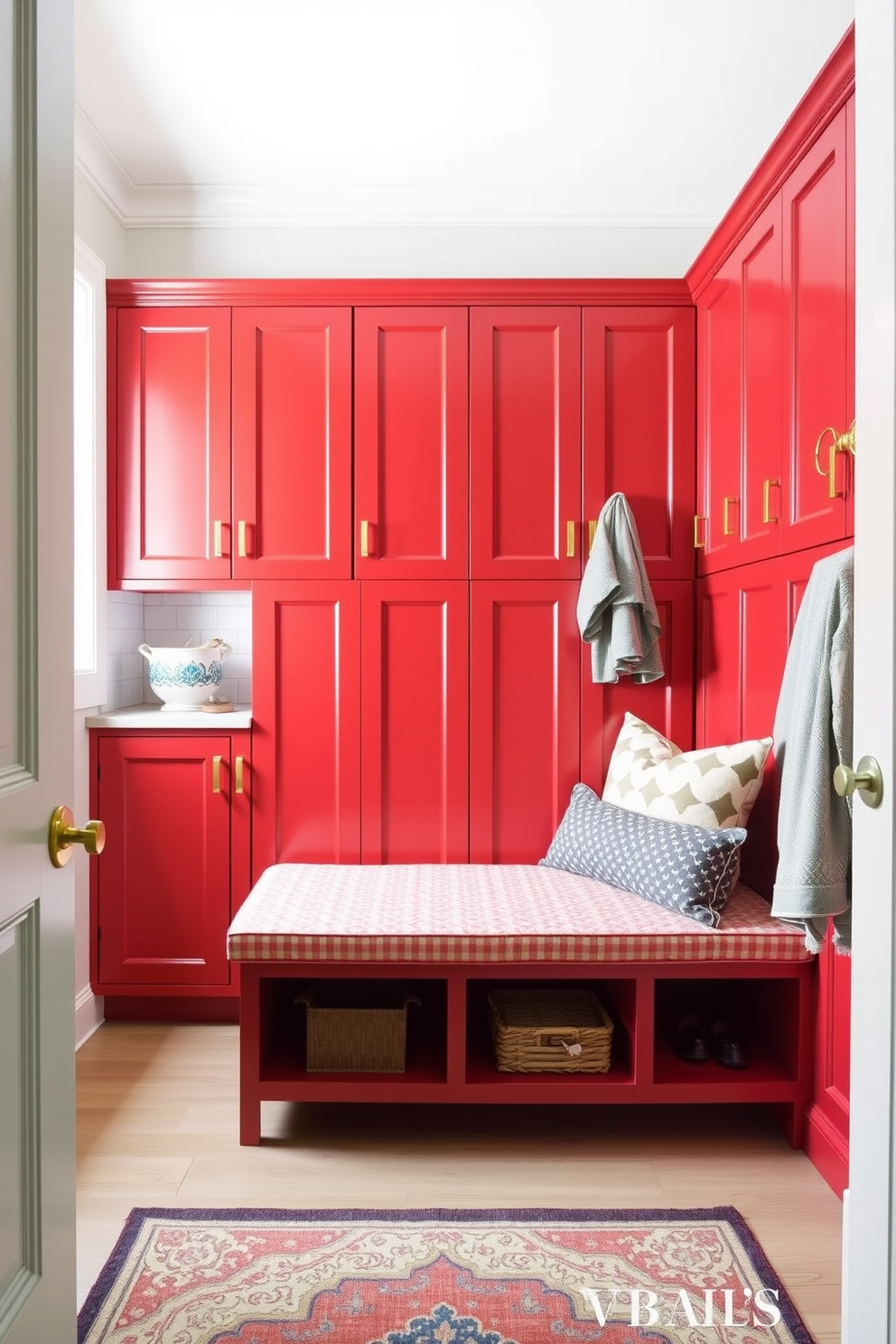 A rustic wooden bench is positioned against the wall, adorned with vibrant red cushions that add a pop of color. The bench is surrounded by hooks for hanging coats and a woven basket for storing shoes, creating a cozy and functional mudroom space. The mudroom features warm wooden flooring and a combination of open shelving and cabinets for storage. Soft natural light filters in through a nearby window, enhancing the inviting atmosphere of this practical entryway.