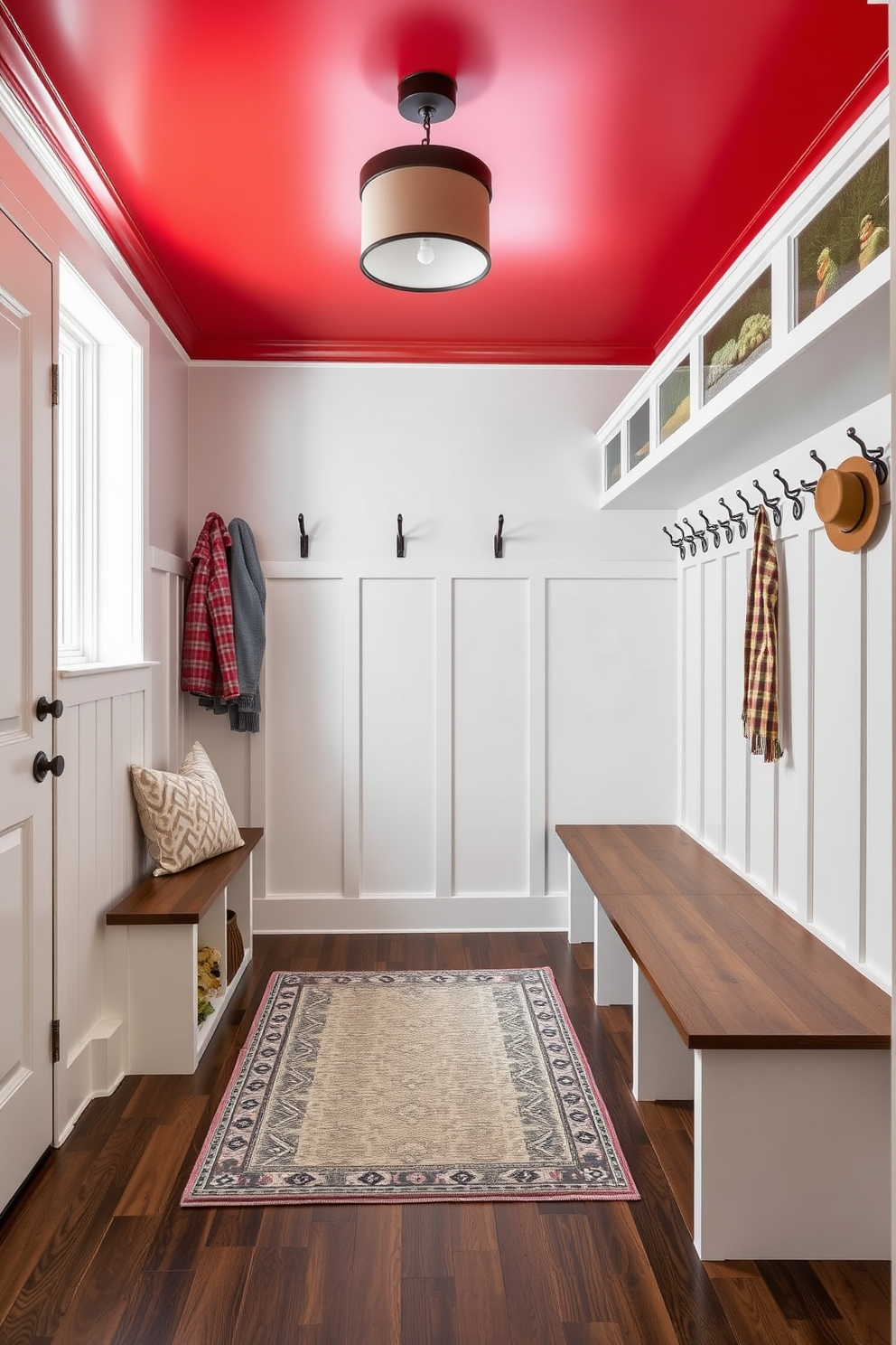 A striking red ceiling adds an unexpected twist to the space, creating a bold focal point that captures attention. The mudroom features functional storage solutions with built-in benches and hooks, complemented by a stylish area rug that enhances the overall aesthetic.