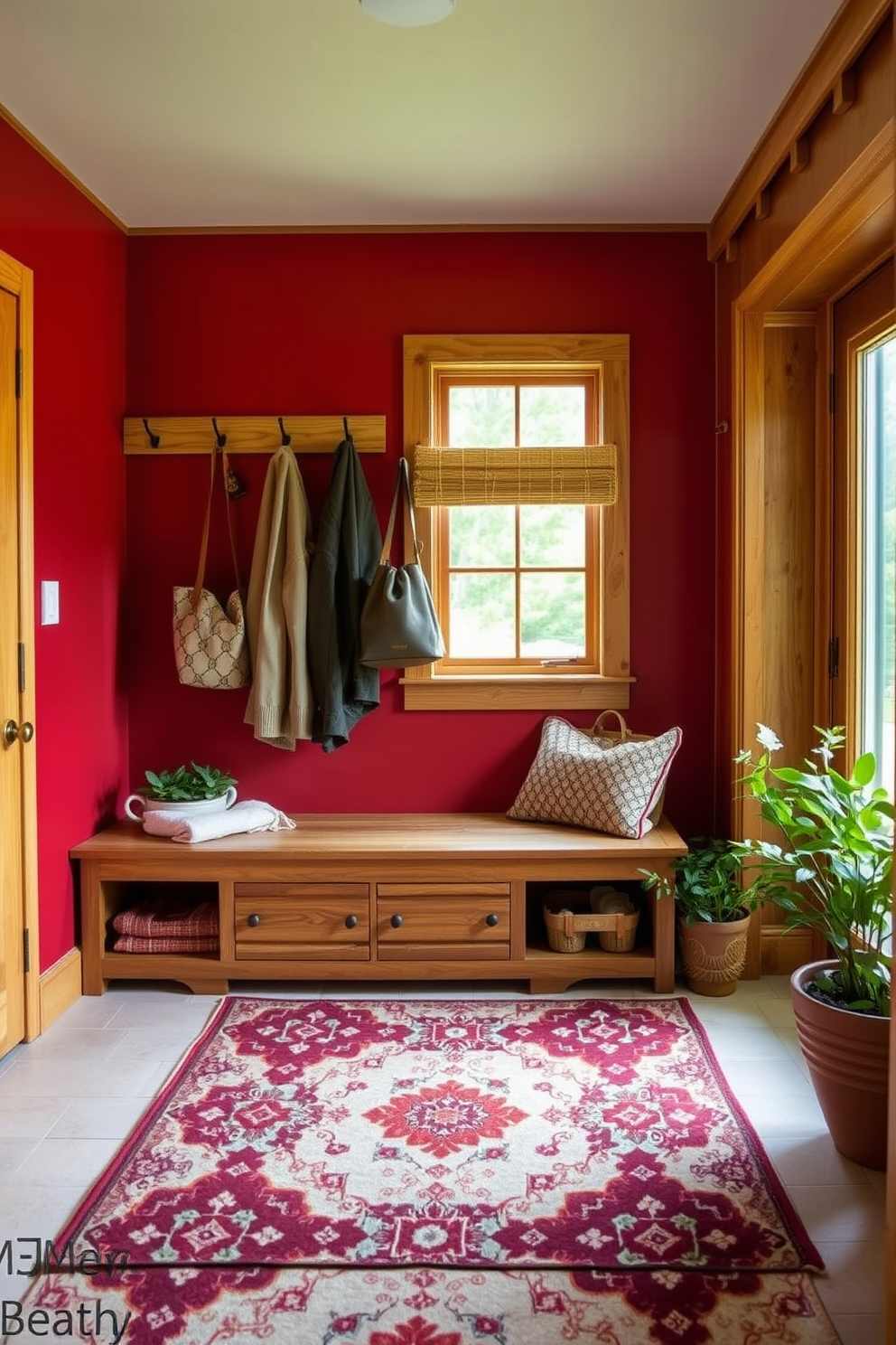 Create a warm and inviting mudroom that features a rich red accent wall paired with natural wood elements throughout. Include a sturdy wooden bench with storage underneath and hooks above for hanging coats and bags. Incorporate rustic charm with a patterned area rug that complements the red and wood theme. Add potted plants near the entrance to bring a touch of nature indoors and enhance the cozy atmosphere.