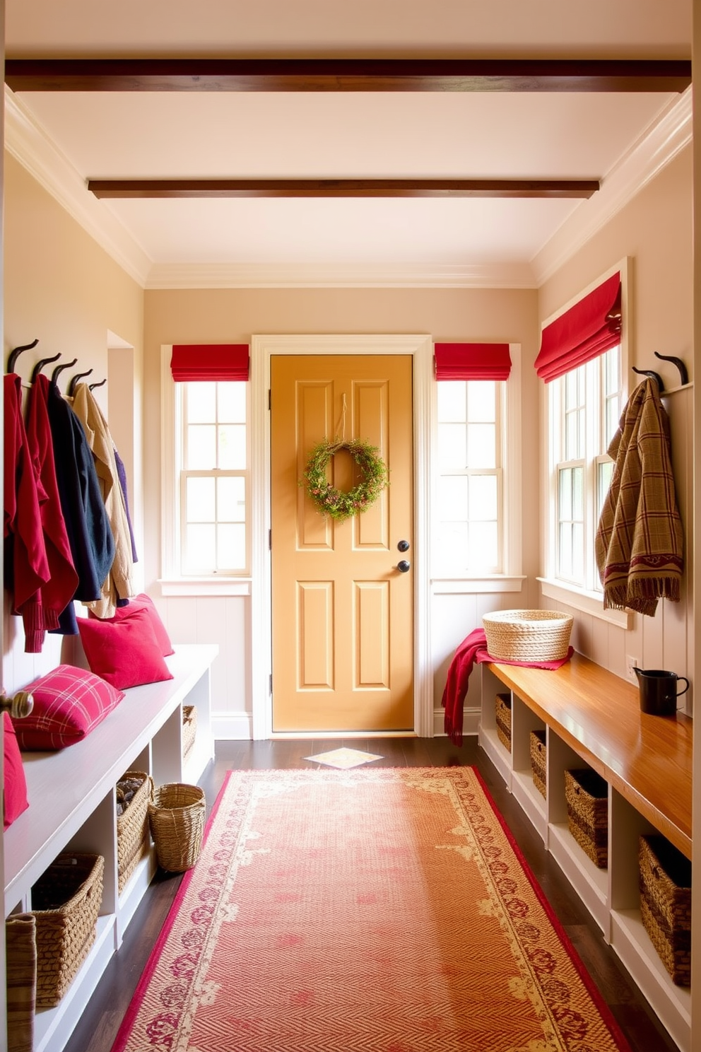 A warm and inviting mudroom features red window treatments that enhance the cozy atmosphere. The space is designed with built-in storage benches and hooks for coats, creating an organized yet welcoming entryway. The mudroom showcases rich red tones in the window treatments, adding a pop of color against neutral walls. Textured rugs and baskets complement the design, making it both functional and stylish.