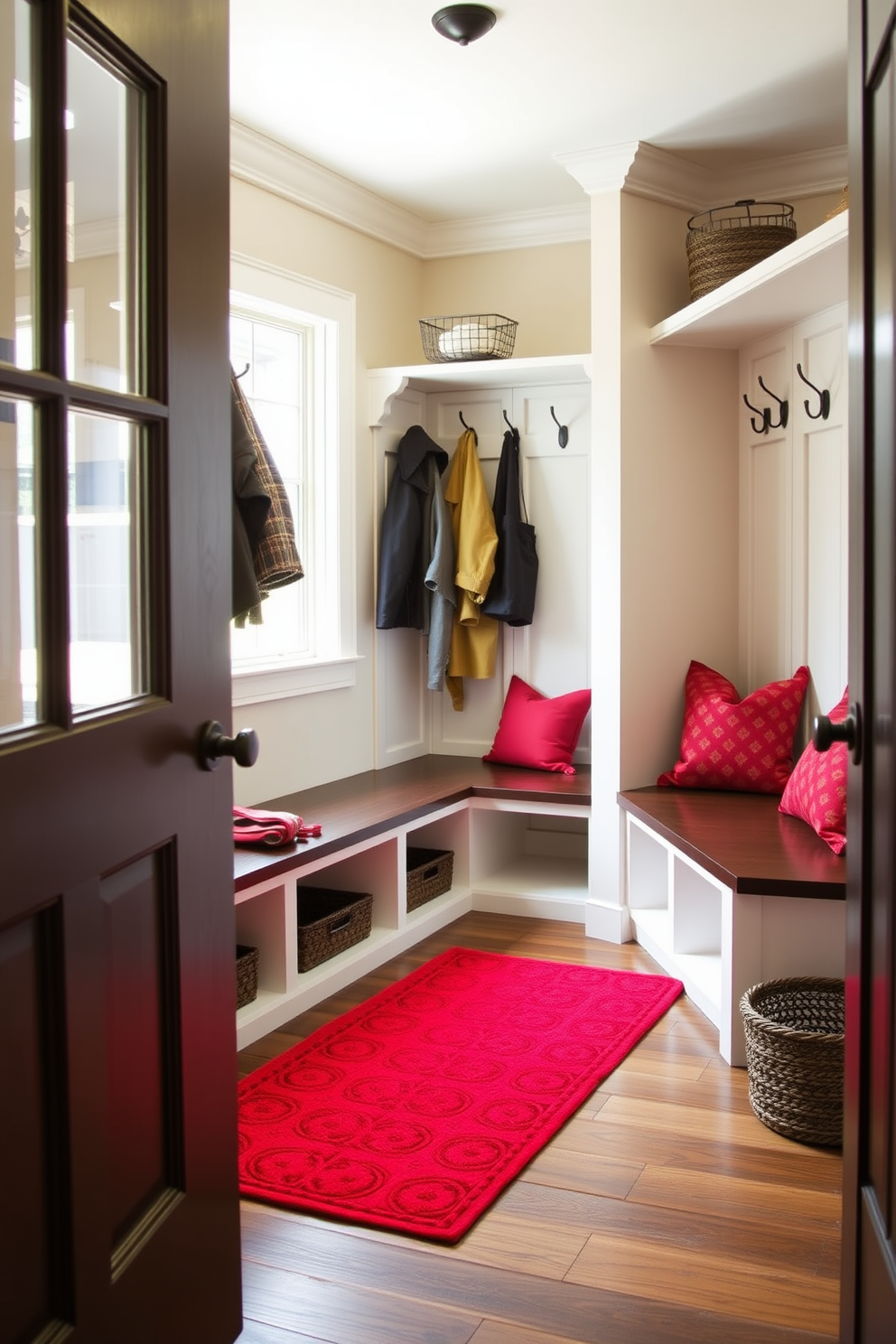 A cozy mudroom featuring red accent lighting that creates a warm and inviting atmosphere. The space includes built-in storage benches with plush cushions, and hooks for coats and bags. The walls are painted in a light neutral tone to balance the vibrant red lighting. A patterned area rug adds texture, while potted plants bring a touch of nature to the design.