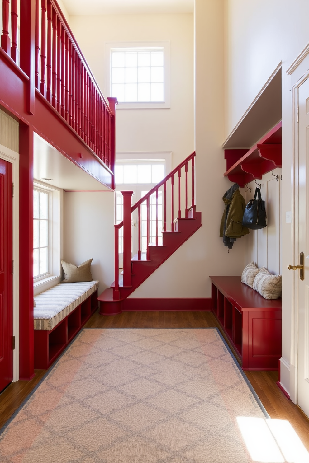 A striking red painted staircase leads up to a spacious mudroom filled with natural light. The mudroom features built-in storage benches with hooks above for coats and bags, creating a functional yet stylish entryway. The walls of the mudroom are adorned with a soft cream color that complements the vibrant red staircase. A large area rug in muted tones adds warmth and texture to the space, inviting guests to feel at home.