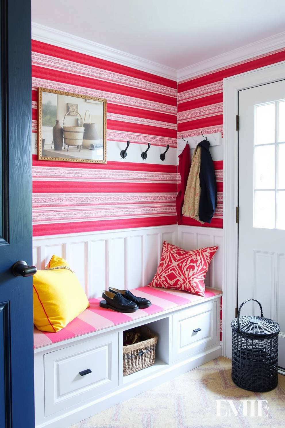 A charming mudroom features red and white striped wallpaper that adds a playful touch to the space. The room includes a built-in bench with storage underneath and hooks for coats, creating a functional yet stylish entryway.