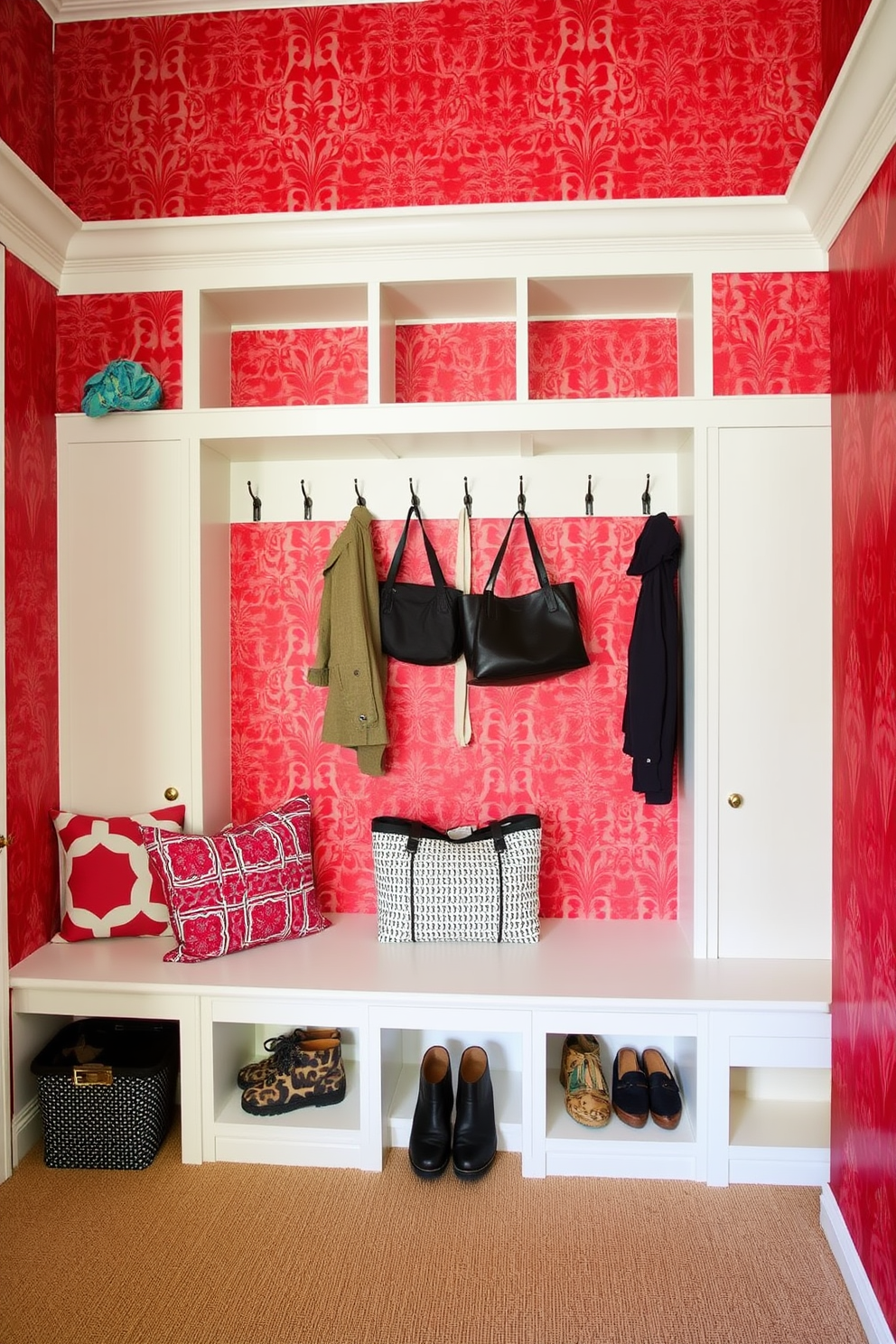 A modern mudroom featuring open shelving adorned with vibrant red storage bins. The walls are painted in a crisp white, creating a bright and inviting space with a stylish bench for seating.