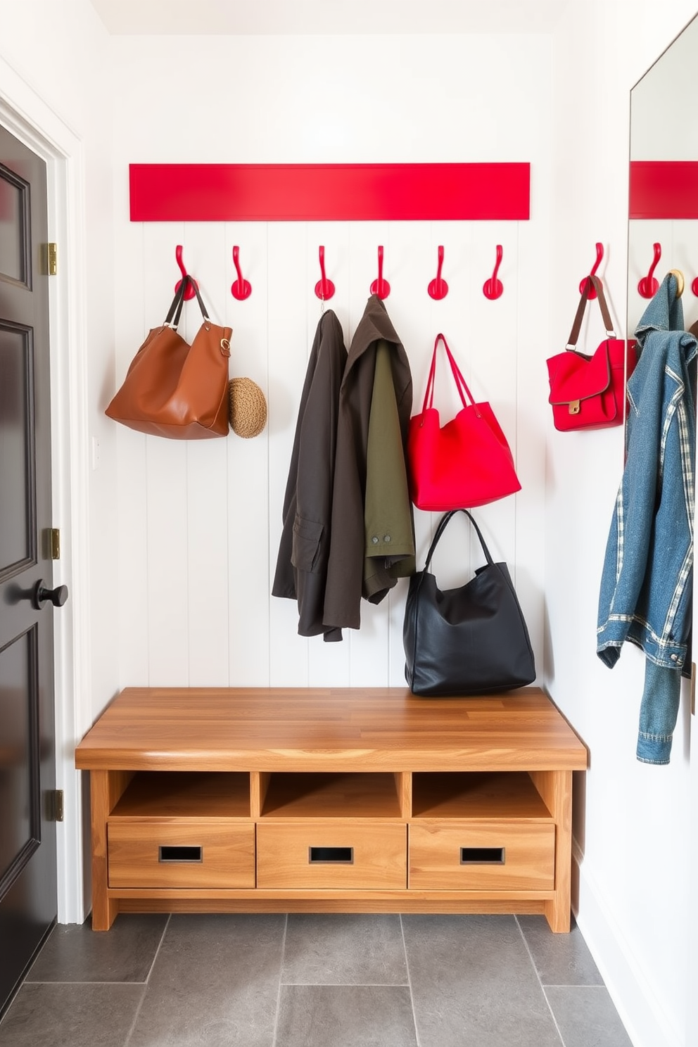 A bold red front door welcomes guests into a stylish entryway. The door is adorned with a modern wreath and flanked by elegant potted plants. The mudroom features built-in benches with storage underneath and hooks for coats. A patterned rug adds warmth to the space, complementing the rich wood tones of the cabinetry.