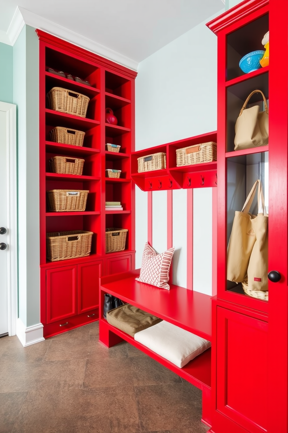 A vibrant mudroom features striking red cabinetry with elegant brass hardware accents that add a touch of sophistication. The space is designed for functionality, with ample storage and a welcoming atmosphere created by natural light streaming through a nearby window.