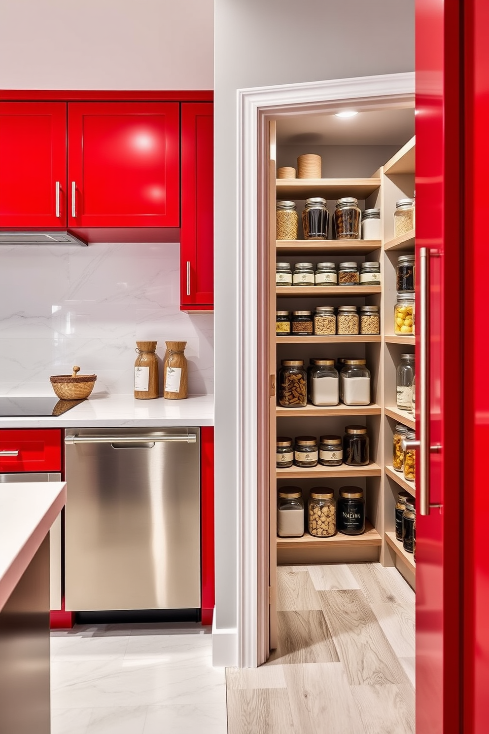 A striking kitchen featuring bold red cabinetry that creates a dramatic focal point. The cabinetry is complemented by sleek stainless steel appliances and a white marble backsplash that enhances the vibrant color. Adjacent to the cabinetry, a well-organized pantry showcases open shelving filled with neatly arranged jars and containers. The pantry design incorporates a mix of wooden accents and modern lighting to create a warm and inviting atmosphere.