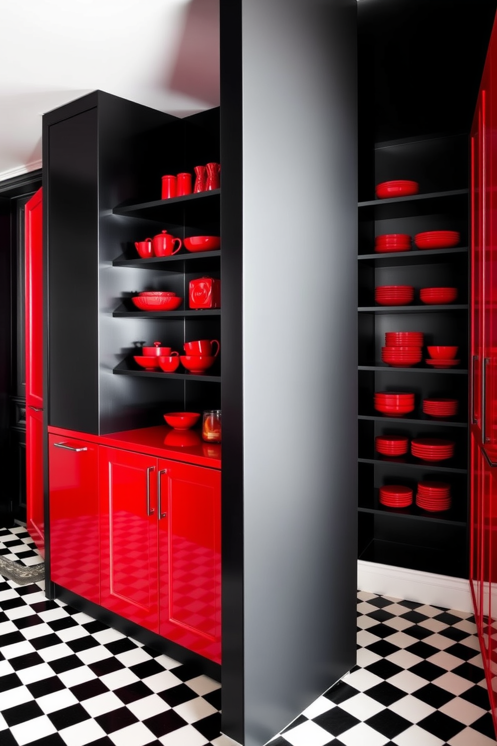 A striking pantry design featuring a contrasting black and red color scheme. The walls are painted in a deep black, while the cabinetry showcases a vibrant red finish, creating a bold and modern aesthetic. Sleek black shelves are installed to display an array of red kitchenware and decorative items. The floor is adorned with black and white checkered tiles, adding a touch of classic charm to the contemporary design.