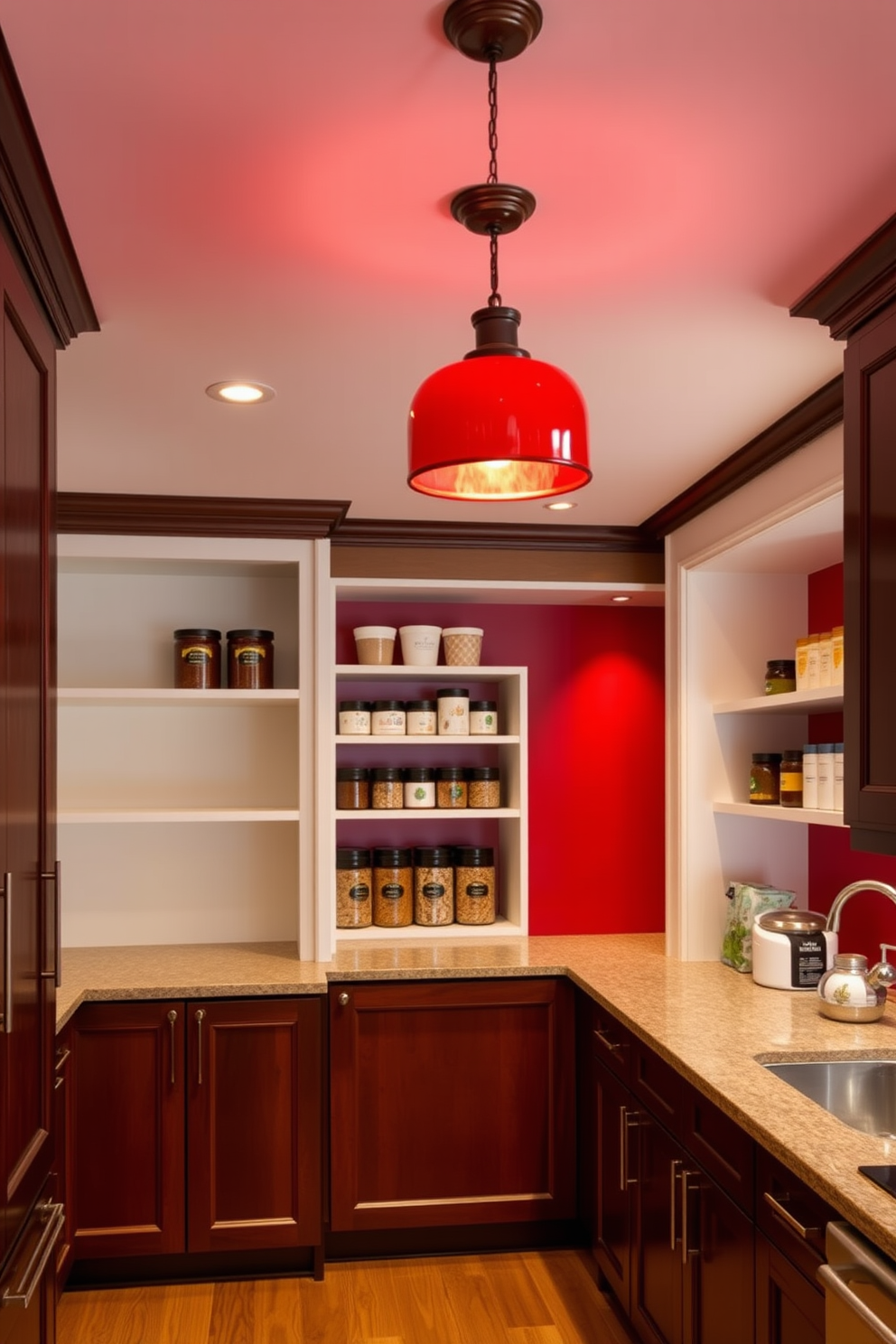 A cozy kitchen ambiance is created with red lighting fixtures that hang from the ceiling. The warm glow enhances the rich tones of the cabinetry and creates an inviting atmosphere for cooking and entertaining. The pantry features a sleek design with open shelving painted in a soft white hue. A bold red accent wall adds a pop of color, showcasing neatly organized jars and containers for a stylish yet functional storage solution.