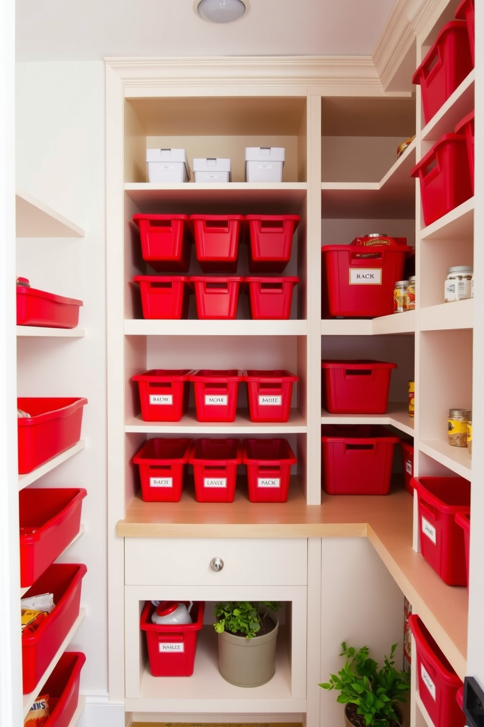 A bright and inviting pantry featuring red storage bins for organization. The bins are neatly arranged on open shelving, creating a vibrant contrast against the light-colored walls and wooden shelves. The pantry is designed with functional storage solutions, including labeled bins for easy access to ingredients. A small countertop area is included for meal prep, adorned with fresh herbs in decorative pots.