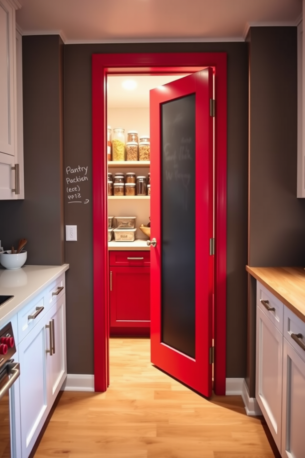 A vibrant red pantry door is coated with chalkboard paint, allowing for easy note-taking and a playful touch. The surrounding cabinetry features sleek white finishes, creating a striking contrast with the bold door color. Inside the pantry, open shelving displays neatly organized jars and containers, enhancing both functionality and aesthetics. A warm wooden countertop provides a perfect workspace for meal prep, while soft lighting highlights the cheerful atmosphere.