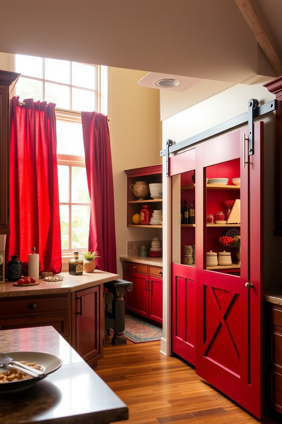 A warm and inviting kitchen featuring deep red curtains that frame a large window, allowing soft natural light to filter in. The curtains create a cozy atmosphere, complementing the rich wooden cabinetry and rustic decor elements throughout the space. A stylish red pantry designed with open shelving to display colorful jars and containers. The pantry features a combination of modern and vintage accents, with a sliding barn door that adds charm and functionality to the overall design.