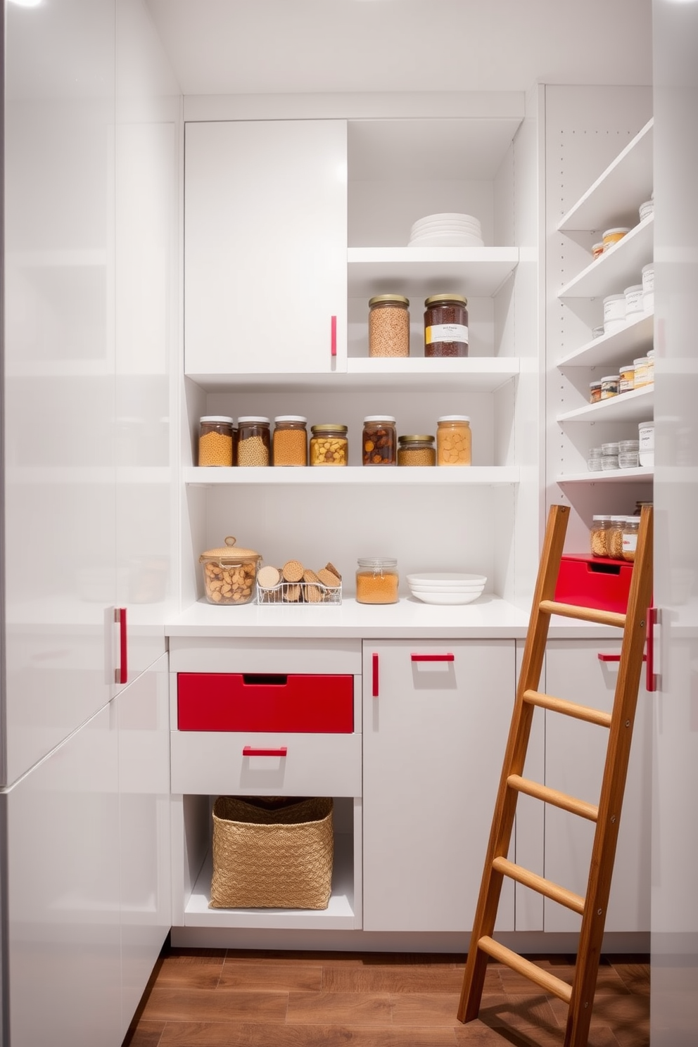 A modern pantry featuring sleek cabinetry painted in a soft white hue. The pantry is accented with vibrant red drawer pulls that add a pop of color to the design. Open shelves display neatly arranged jars and containers, creating an organized yet inviting atmosphere. A small wooden ladder leans against the shelves, offering easy access to items stored higher up.