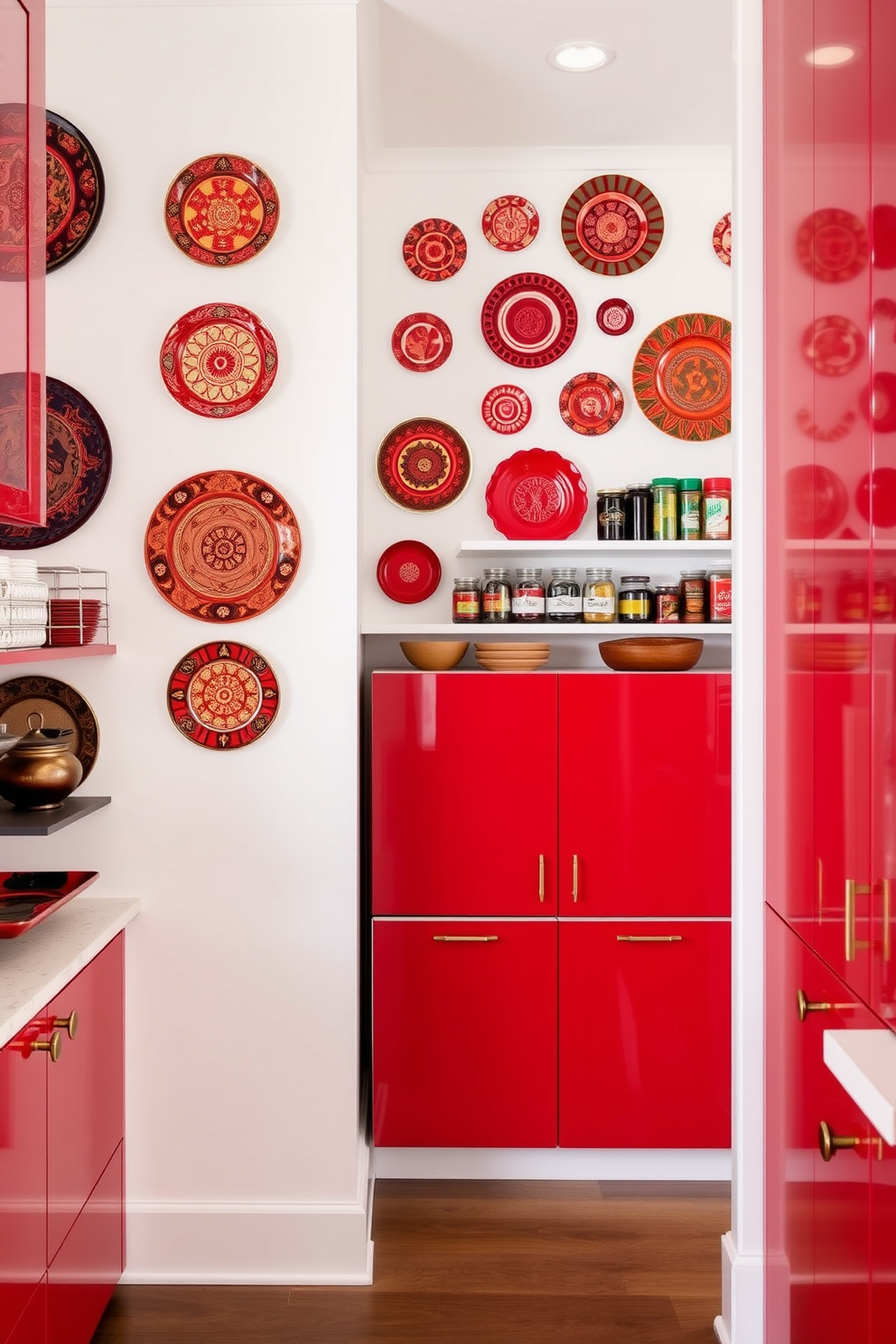 A collection of decorative red plates is elegantly arranged on a white wall, creating a vibrant focal point in the room. The plates vary in size and design, showcasing intricate patterns and textures that add depth to the display. The red pantry features sleek cabinetry with a glossy finish, complemented by brass hardware for a touch of elegance. Open shelving displays colorful jars and spices, while a small wooden island provides additional workspace and storage.