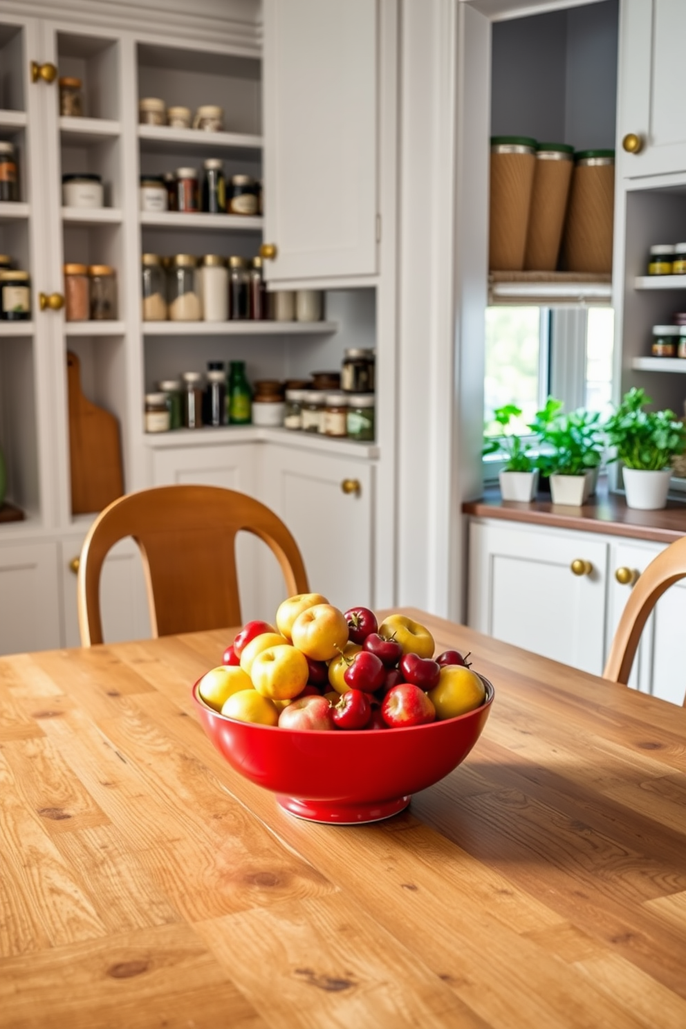 A vibrant red fruit bowl sits as the centerpiece on a rustic wooden dining table. The bowl is filled with an assortment of apples, cherries, and strawberries, adding a pop of color to the space. The pantry features sleek white cabinetry with gold hardware, creating a modern yet warm atmosphere. Open shelving displays neatly organized jars of spices and grains, while a small herb garden thrives on the windowsill.