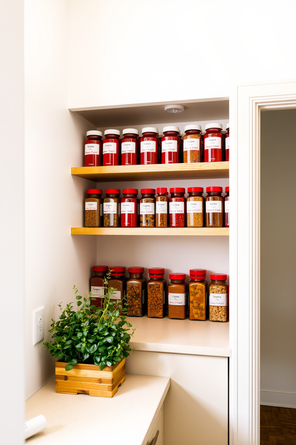 A modern pantry featuring red spice jars neatly arranged on open shelving for easy access. The walls are painted in a soft white, creating a bright and inviting atmosphere, while the wooden shelves add warmth and texture. The pantry includes a dedicated section for red spice jars, with each jar labeled for convenience. A small herb garden sits on the countertop, complementing the vibrant colors of the spice jars and enhancing the overall design.