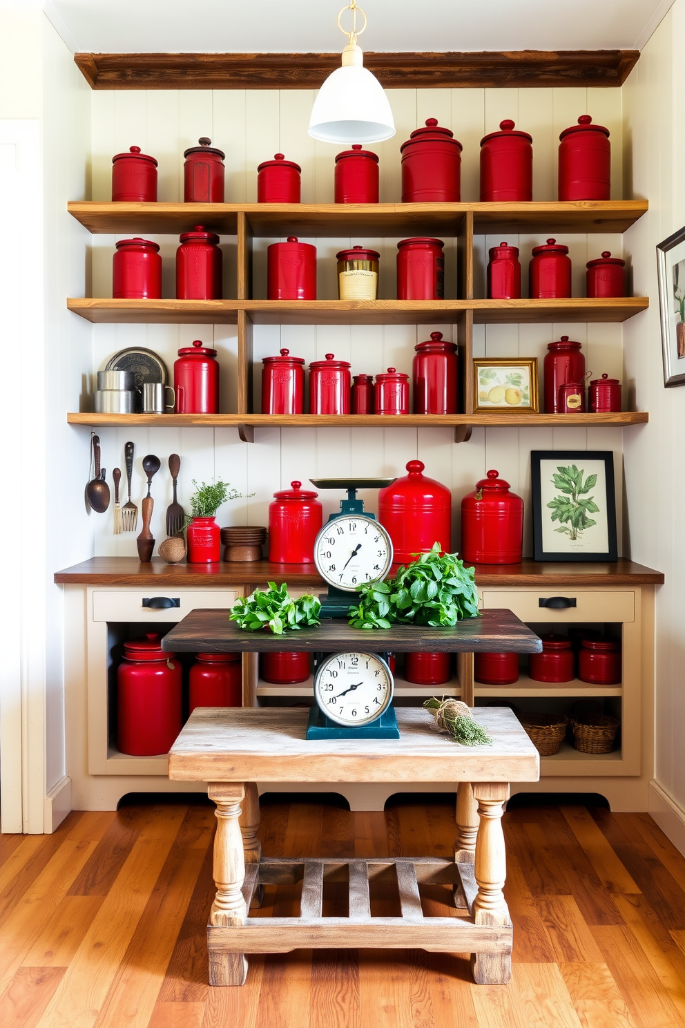 Create a cozy and inviting pantry space featuring vintage red canisters arranged on open wooden shelves. The walls are painted in a soft cream color, and a rustic wooden table is placed in the center, adorned with fresh herbs and a vintage scale. Incorporate decorative elements such as antique kitchen utensils and framed botanical prints. The flooring should be a warm wood, complementing the red canisters and enhancing the nostalgic feel of the space.