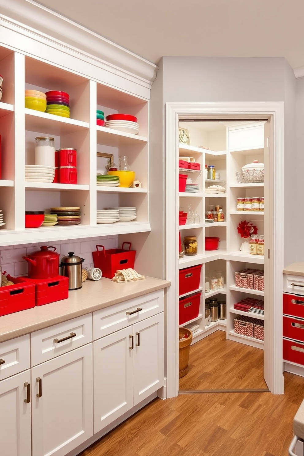 Open shelving with red accents creates a vibrant and inviting atmosphere in the kitchen. The shelves are filled with colorful dishware and decorative items, complemented by red storage bins and jars. The pantry is designed with a modern aesthetic, featuring sleek cabinetry and ample storage space. Red accents are incorporated through decorative elements and organizational tools, adding a pop of color to the functional space.