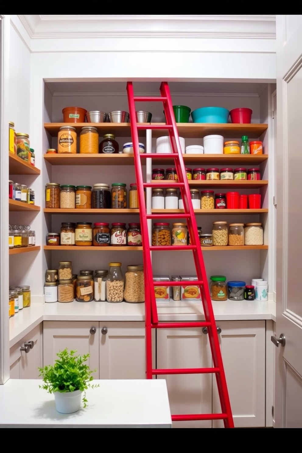 A vibrant red pantry ladder leans against the shelves, providing easy access to the top storage. The pantry features open shelving filled with neatly organized jars and colorful containers, creating a cheerful and functional space. The walls are painted in a soft white, allowing the red ladder to stand out as a bold accent. A small countertop area is included for meal prep, adorned with fresh herbs in decorative pots for added charm.