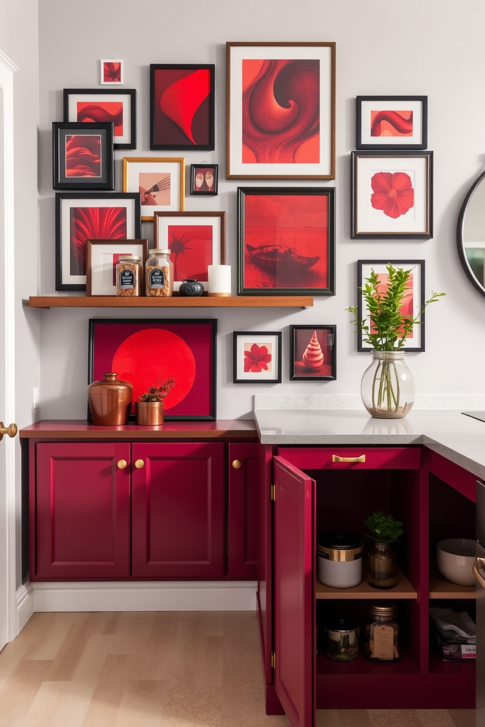 A gallery wall featuring various framed art pieces that incorporate rich red tones. The artwork is arranged in an eclectic style, with varying frame sizes and textures that create a vibrant focal point. A stylish pantry design that utilizes deep red cabinetry and open shelving. The space is accented with brass hardware and features a combination of decorative jars and plants for added warmth and character.