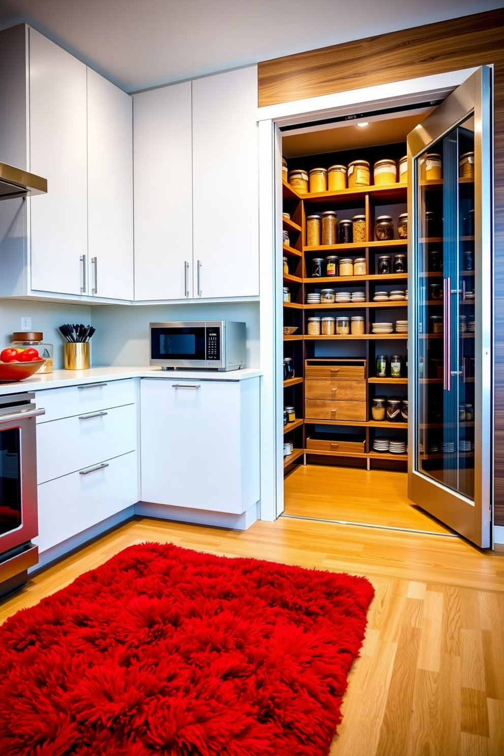 A vibrant red rug anchors the room, adding warmth and a pop of color to the overall design. The rug's plush texture contrasts beautifully with the sleek cabinetry and modern appliances surrounding it. The pantry features a sleek design with open shelving that showcases neatly organized jars and containers. A combination of wood and metal accents creates a contemporary yet inviting atmosphere, making it both functional and aesthetically pleasing.