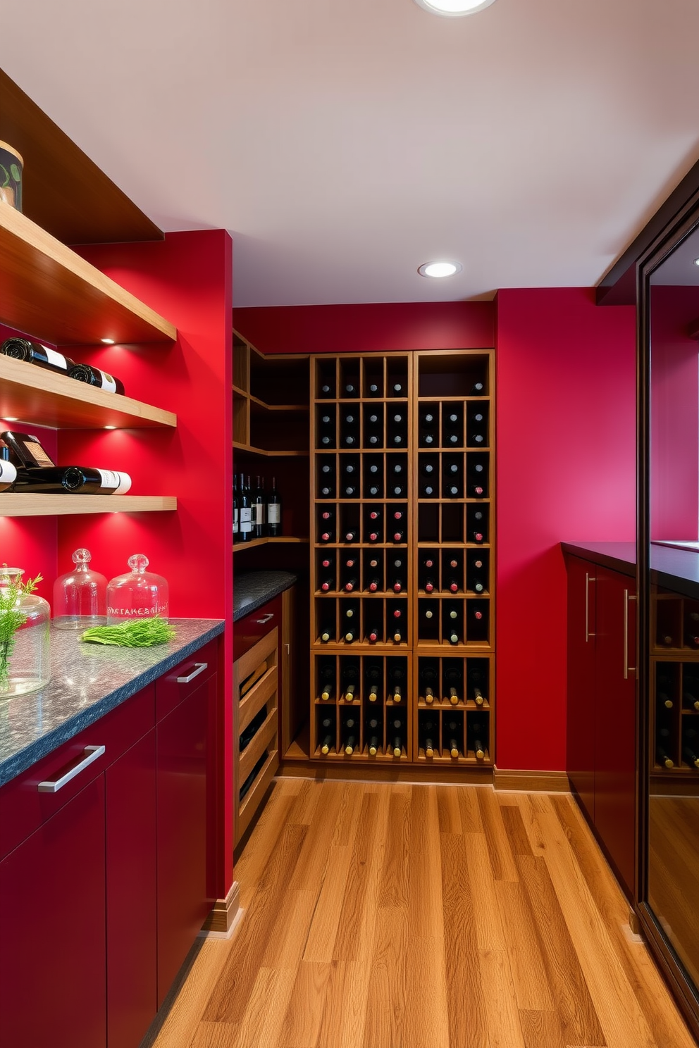 A stylish pantry featuring an integrated red wine rack seamlessly blends functionality with aesthetics. The walls are adorned in a rich red hue, complemented by sleek wooden shelving that showcases a curated selection of wines. The flooring is a warm hardwood that adds depth to the space, while modern lighting fixtures illuminate the area. Decorative glass jars and fresh herbs are arranged on the shelves, enhancing the inviting atmosphere of the pantry.